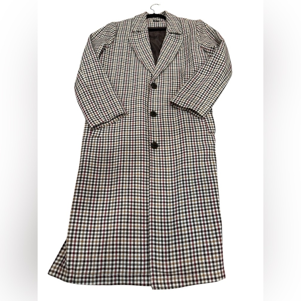 NWOT Checkered Coat Side Slit Women’s Size Large Pockets Brown White